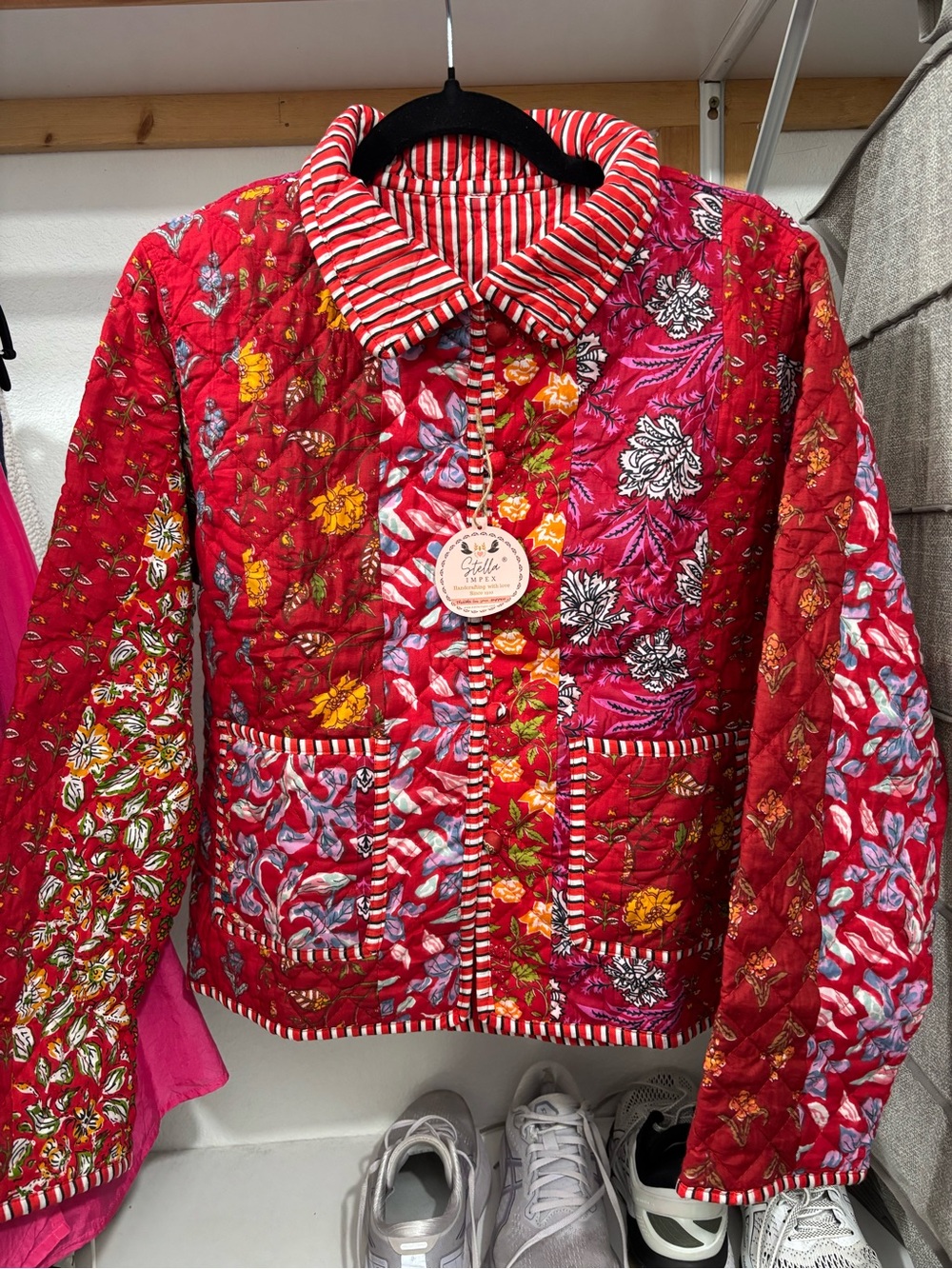 Quilted Floral Red Jacket with Stripe Trim